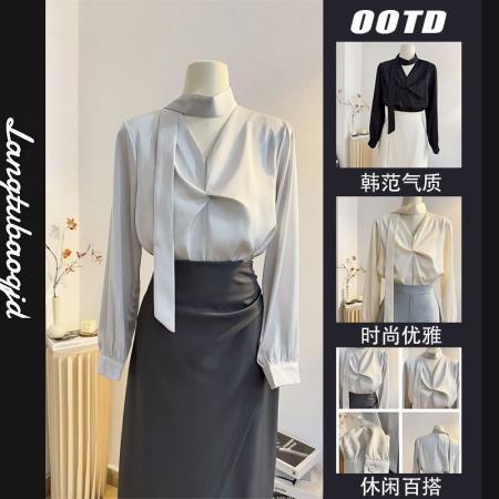FA40657# 法式褶皱V领缎面衬衫女长袖春季通勤气质飘带衬衣高级感上衣 服裝批發女裝批發服飾貨源