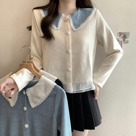 FA40660# 大码秋季新款拼色娃娃领减龄百搭遮肚显瘦长袖上衣女 服裝批發女裝批發服飾貨源