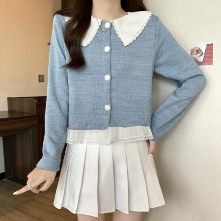 FA40660# 大码秋季新款拼色娃娃领减龄百搭遮肚显瘦长袖上衣女 服裝批發女裝批發服飾貨源