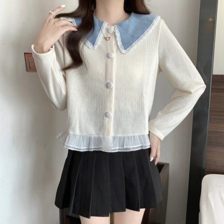 FA40660# 大码秋季新款拼色娃娃领减龄百搭遮肚显瘦长袖上衣女 服裝批發女裝批發服飾貨源