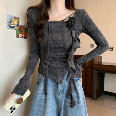 FA40662# 大码秋季新款设计感立体花朵修身褶皱显瘦扎染长袖T恤上衣女 服裝批發女裝批發服飾貨源