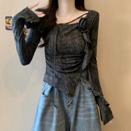 FA40662# 大码秋季新款设计感立体花朵修身褶皱显瘦扎染长袖T恤上衣女 服裝批發女裝批發服飾貨源
