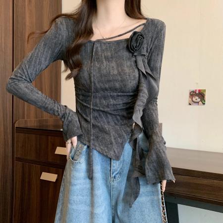 FA40662# 大码秋季新款设计感立体花朵修身褶皱显瘦扎染长袖T恤上衣女 服裝批發女裝批發服飾貨源