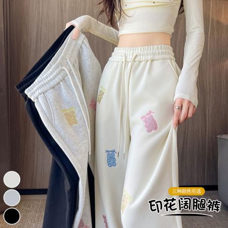 FA40665# 秋冬新款慵懒风卡通印花阔腿长裤女休闲显瘦百搭运动卫裤 服裝批發女裝批發服飾貨源