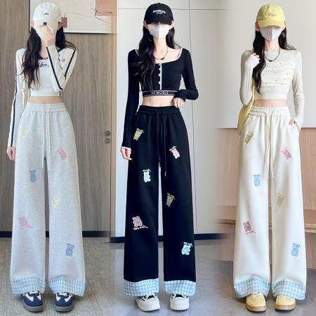 FA40665# 秋冬新款慵懒风卡通印花阔腿长裤女休闲显瘦百搭运动卫裤 服裝批發女裝批發服飾貨源