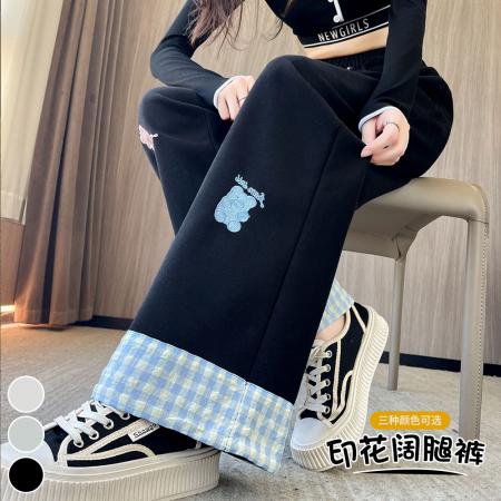 FA40665# 秋冬新款慵懒风卡通印花阔腿长裤女休闲显瘦百搭运动卫裤 服裝批發女裝批發服飾貨源