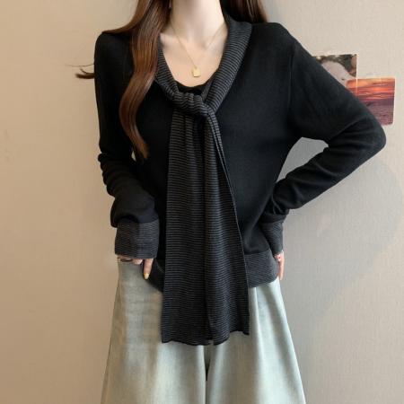 FA40677# 韩系撞色拼接条纹披肩假两件V领长袖针织开衫女秋季外套 服裝批發女裝批發服飾貨源