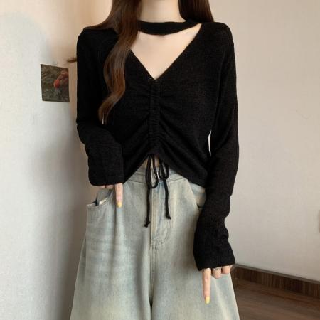 FA40678# 设计感小众长袖针织衫女秋大码胖mm打底挂脖抽绳V领上衣 服裝批發女裝批發服飾貨源