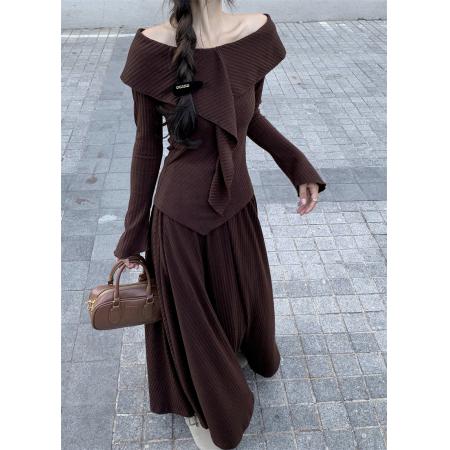 FA40683# 修身V领针织衫不规则显瘦中长裙两件套装 服裝批發女裝批發服飾貨源
