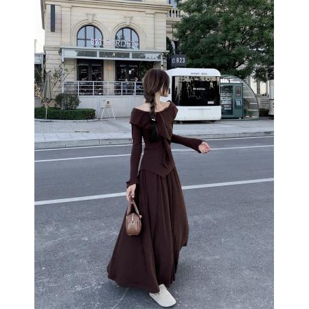 FA40683# 修身V领针织衫不规则显瘦中长裙两件套装 服裝批發女裝批發服飾貨源