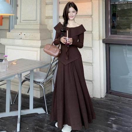 FA40683# 修身V领针织衫不规则显瘦中长裙两件套装 服裝批發女裝批發服飾貨源