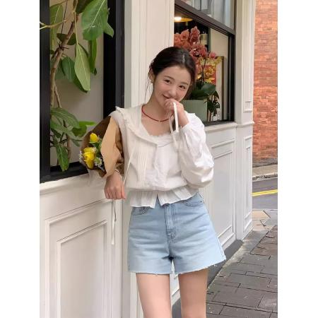 FA40684# 韩国chic春秋新款甜美减龄花边连帽收腰显瘦短款长袖防晒衬衫上衣 服裝批發女裝批發服飾貨源