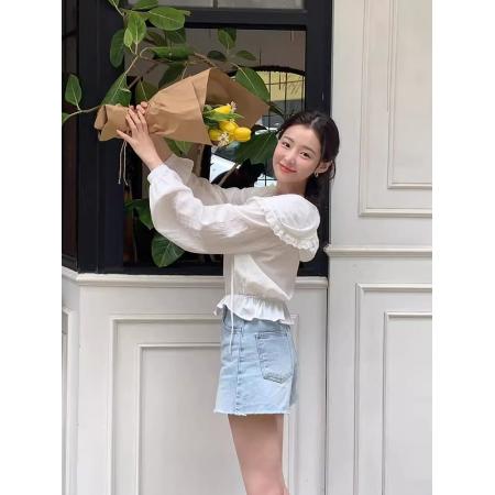 FA40684# 韩国chic春秋新款甜美减龄花边连帽收腰显瘦短款长袖防晒衬衫上衣 服裝批發女裝批發服飾貨源