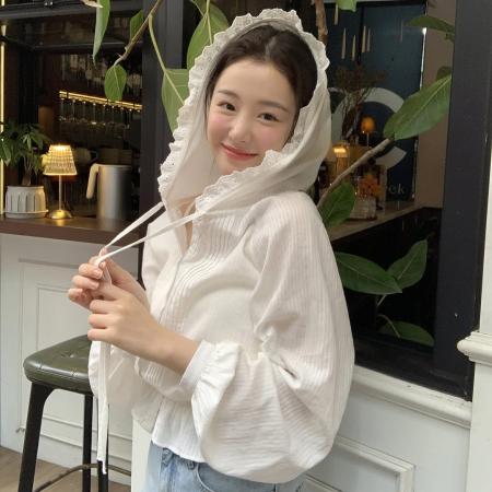 FA40684# 韩国chic春秋新款甜美减龄花边连帽收腰显瘦短款长袖防晒衬衫上衣 服裝批發女裝批發服飾貨源