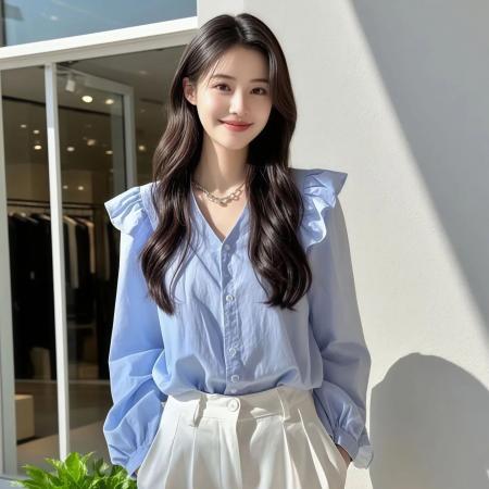 FA40685# 今年流行的漂亮小衫轻奢高级感法式小众绝美蓝色长袖衬衫女 服裝批發女裝批發服飾貨源