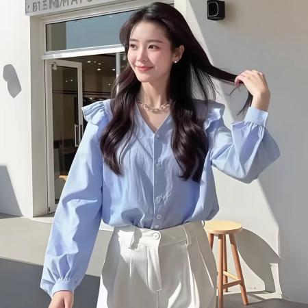 FA40685# 今年流行的漂亮小衫轻奢高级感法式小众绝美蓝色长袖衬衫女 服裝批發女裝批發服飾貨源