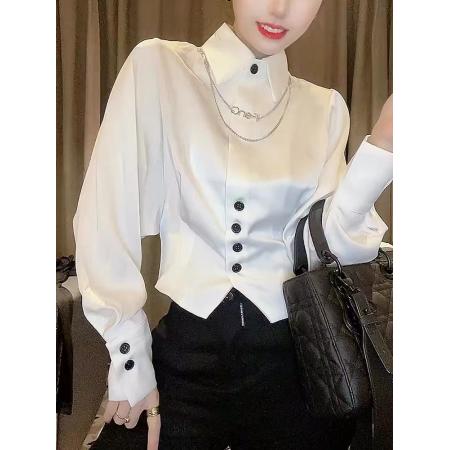 FA40686# 秋季新款法式蝙蝠泡泡袖收腰短款衬衫女设计感小众纯欲风上衣 服裝批發女裝批發服飾貨源