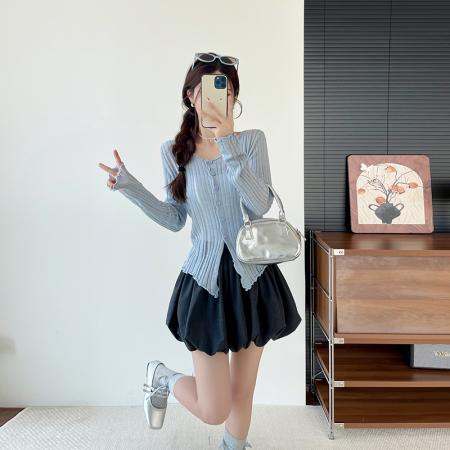 FA40689# 设计感温柔风坑条木耳边开叉针织开衫+花苞半身裙 服裝批發女裝批發服飾貨源