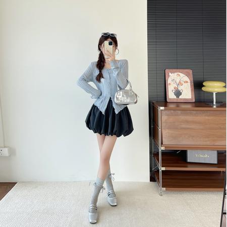 FA40689# 设计感温柔风坑条木耳边开叉针织开衫+花苞半身裙 服裝批發女裝批發服飾貨源