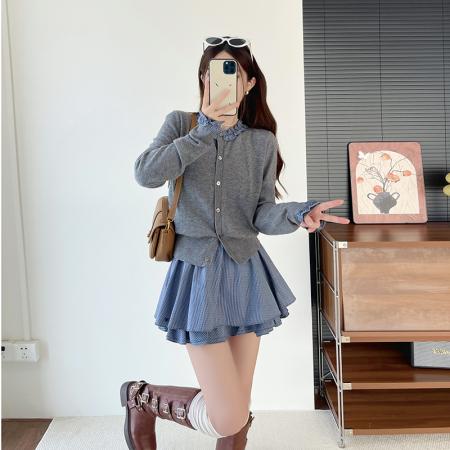 FA40691# 秋冬韩系气质上衣小众拼接针织衫+短款格纹蛋糕裙女 服裝批發女裝批發服飾貨源