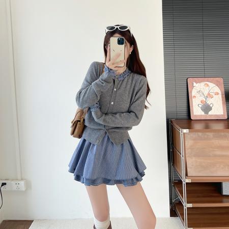 FA40691# 秋冬韩系气质上衣小众拼接针织衫+短款格纹蛋糕裙女 服裝批發女裝批發服飾貨源