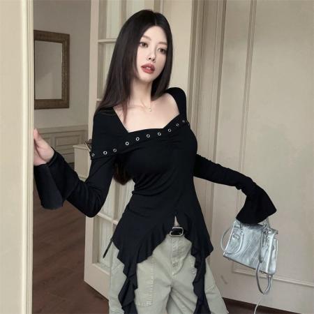 FA40694# 法式休闲设计感秋季方领露锁骨荷叶边不规则长袖女 服裝批發女裝批發服飾貨源