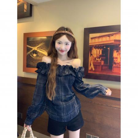FA40695# 韩系气质格纹衬衫女秋季拼接花边一字领修身显瘦上衣 服裝批發女裝批發服飾貨源