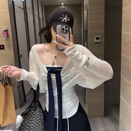 FA40696# 辣妹早秋女绑带条纹抹胸上衣搭配长袖防晒罩衫两件套 服裝批發女裝批發服飾貨源