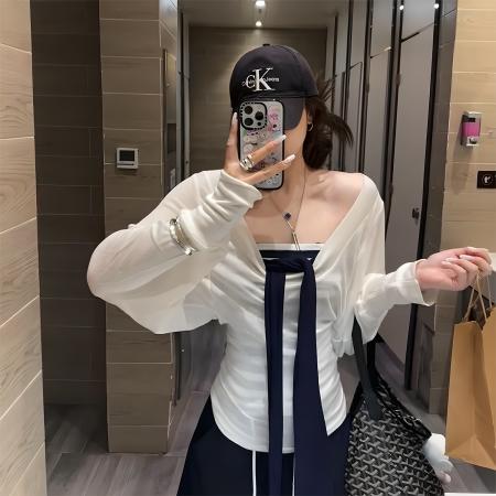 FA40696# 辣妹早秋女绑带条纹抹胸上衣搭配长袖防晒罩衫两件套 服裝批發女裝批發服飾貨源