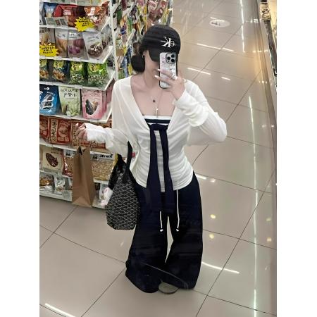 FA40696# 辣妹早秋女绑带条纹抹胸上衣搭配长袖防晒罩衫两件套 服裝批發女裝批發服飾貨源