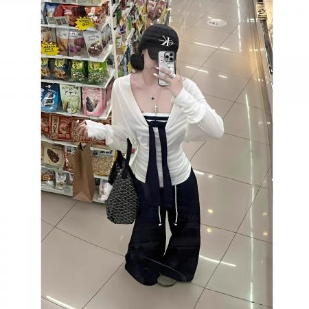 FA40696# 辣妹早秋女绑带条纹抹胸上衣搭配长袖防晒罩衫两件套 服裝批發女裝批發服飾貨源