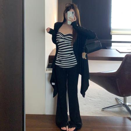 FA40697# 慵懒不规则长袖开衫外套条纹抹胸女秋季松弛感套装 服裝批發女裝批發服飾貨源