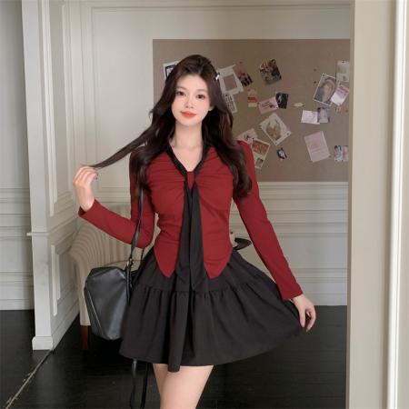 FA40702# 微胖mm纯欲甜辣显瘦长袖秋季V领学院风T恤 服裝批發女裝批發服飾貨源