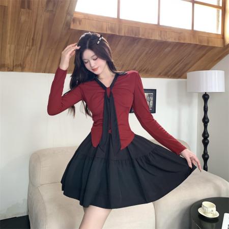 FA40702# 微胖mm纯欲甜辣显瘦长袖秋季V领学院风T恤 服裝批發女裝批發服飾貨源