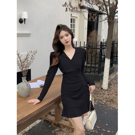 FA40704# 高级感法式v领长袖黑色连衣裙女秋季新款高端气质裙子秋装 服裝批發女裝批發服飾貨源