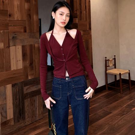 FA40706# 辣妹假两件挂脖长袖T恤女秋季小众修身显瘦开衫上衣 服裝批發女裝批發服飾貨源
