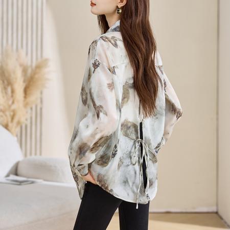 FA40708# 洋气春秋季新款女装翻领花色雪纺衫上衣开衫衬衫女打底衫衬衣 服裝批發女裝批發服飾貨源