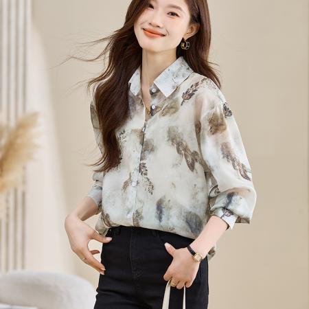 FA40708# 洋气春秋季新款女装翻领花色雪纺衫上衣开衫衬衫女打底衫衬衣 服裝批發女裝批發服飾貨源
