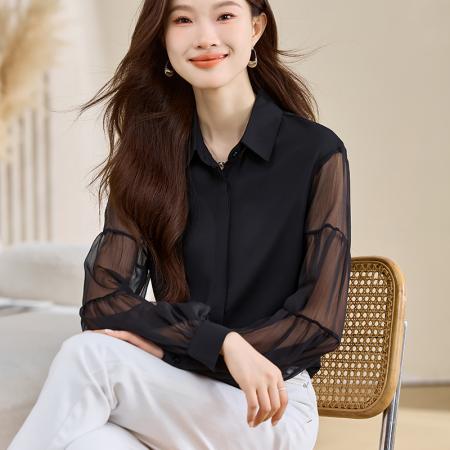 FA40710# 洋气秋新款气质女装翻领纯色灯笼袖雪纺上衣开衫衬衫打底衬衣 服裝批發女裝批發服飾貨源