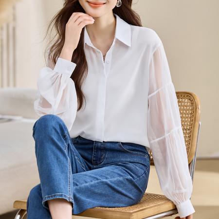 FA40710# 洋气秋新款气质女装翻领纯色灯笼袖雪纺上衣开衫衬衫打底衬衣 服裝批發女裝批發服飾貨源