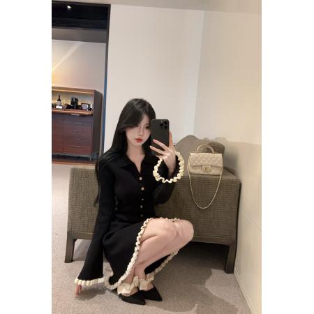 FA40711# 法式高级感长袖黑色针织木耳边收腰气质修身性感短裙连衣裙女 服裝批發女裝批發服飾貨源