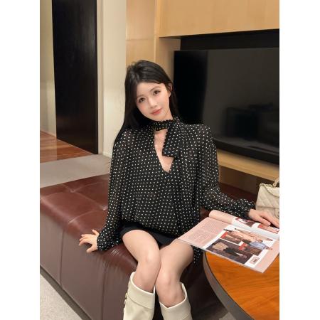 FA40712# 高级感气质波点长袖衬衫飘带雪纺上衣 服裝批發女裝批發服飾貨源