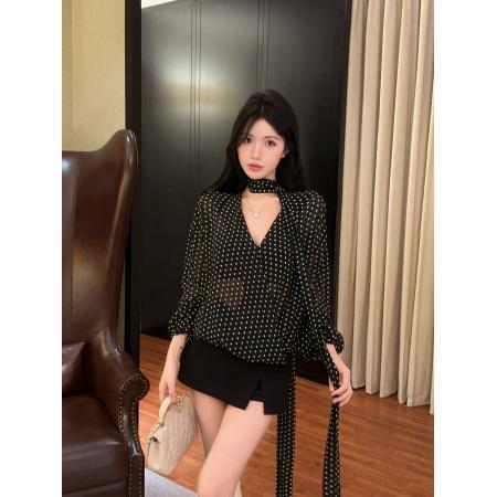 FA40712# 高级感气质波点长袖衬衫飘带雪纺上衣 服裝批發女裝批發服飾貨源
