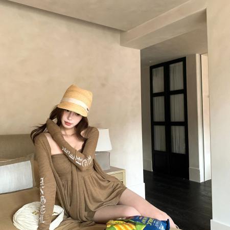 FA40713# 新款美式复古天丝羊绒辣妹绑带抹胸上衣长袖外搭针织开衫两件套女 服裝批發女裝批發服飾貨源