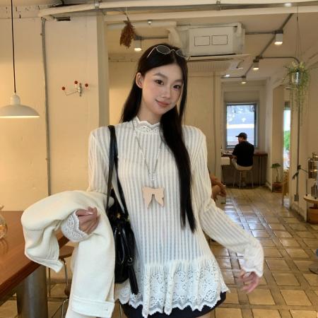 FA40714# 韩版美式新款长袖t恤女秋季打底衫气质蕾丝韩系慵懒松弛感上衣潮 服裝批發女裝批發服飾貨源