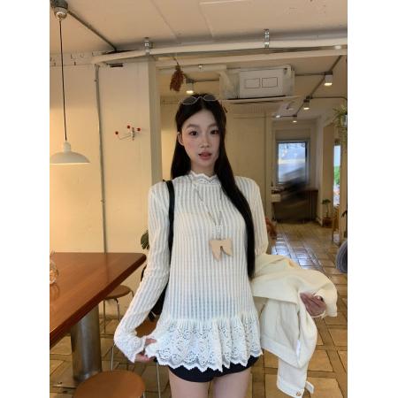 FA40714# 韩版美式新款长袖t恤女秋季打底衫气质蕾丝韩系慵懒松弛感上衣潮 服裝批發女裝批發服飾貨源