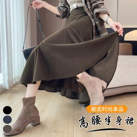FA40716# 秋冬毛呢咖色鱼尾半身裙女新款高腰显瘦遮跨包臀大摆长裙 服裝批發女裝批發服飾貨源