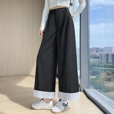 FA40717# 拼接条纹阔腿牛仔裤女秋冬新款高腰显瘦复古直筒裤九分裤 服裝批發女裝批發服飾貨源