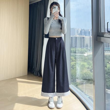 FA40717# 拼接条纹阔腿牛仔裤女秋冬新款高腰显瘦复古直筒裤九分裤 服裝批發女裝批發服飾貨源