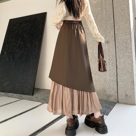 FA40718# 秋冬新款高腰半身裙女设计感包臀显瘦下摆拼接网纱A字裙 服裝批發女裝批發服飾貨源